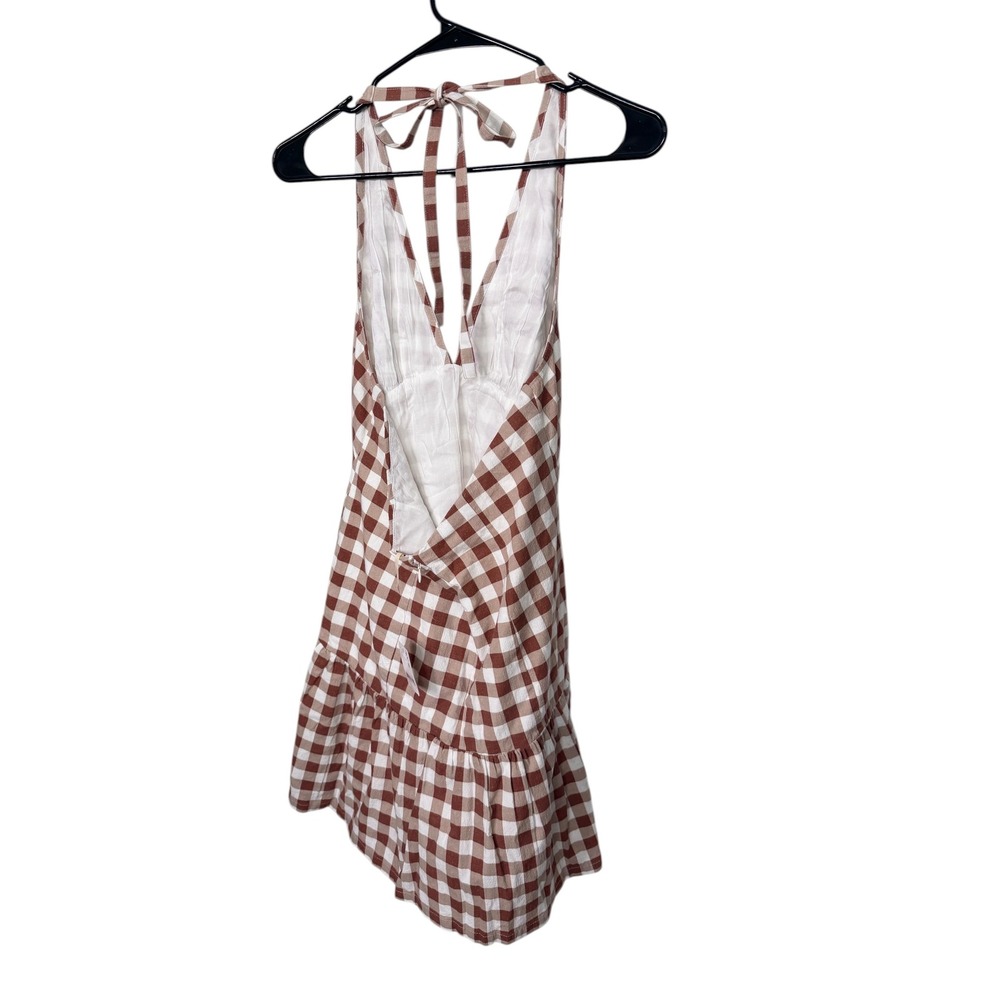 Free‎ People Cecil Mini Dress Brown Patina Combo Gingham Halter Size M - Picture 4 of 6